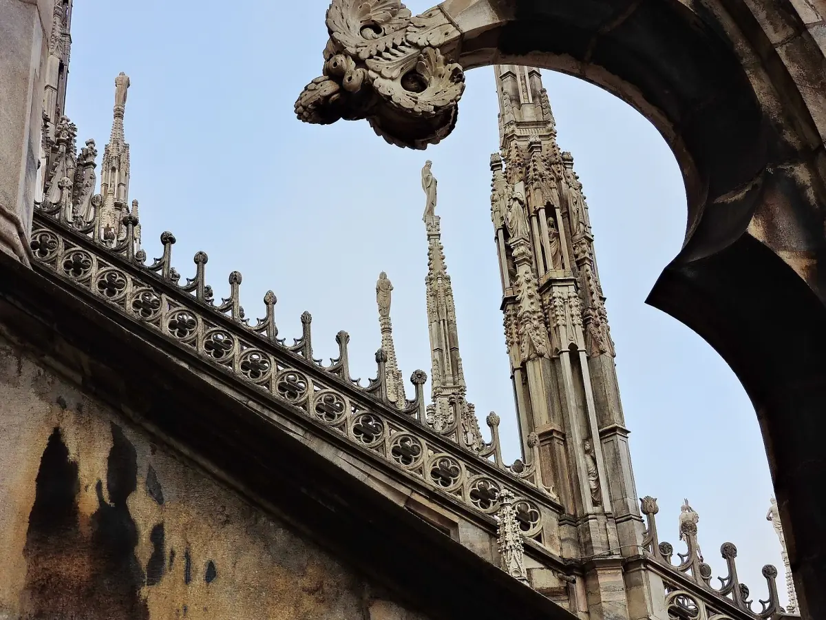 Spires and a flying buttress on the roof
