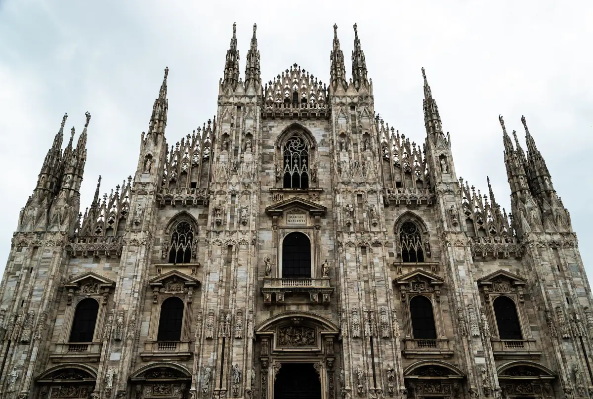 Gothic façade of Milan Cathedral seen from below